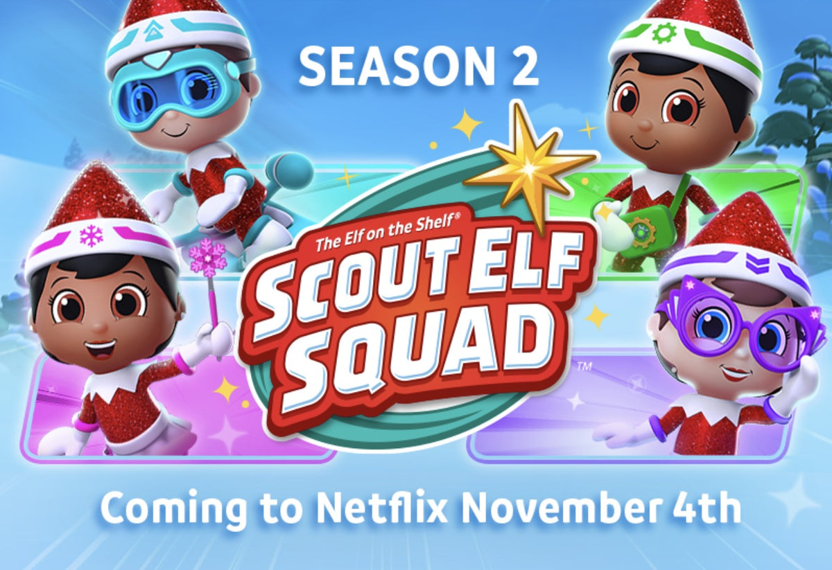 The Elf on the Shelf Scout Elf Squad Season 2 key art: four scout elves, coming to Netflix 4 November